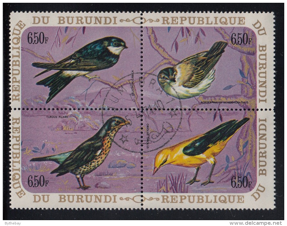 Burundi Used Scott #342 Block Of 4 6.50fr Birds - House Martin, Sedge Warbler, Fieldfare, European Golden Oriole - Oblitérés