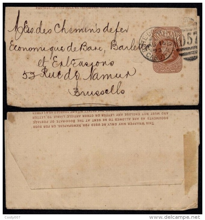 Great Britain 1893 Postal History Rare Postal Stationery Wrapper Cardiff To Brussels DB.196 - Brieven En Documenten