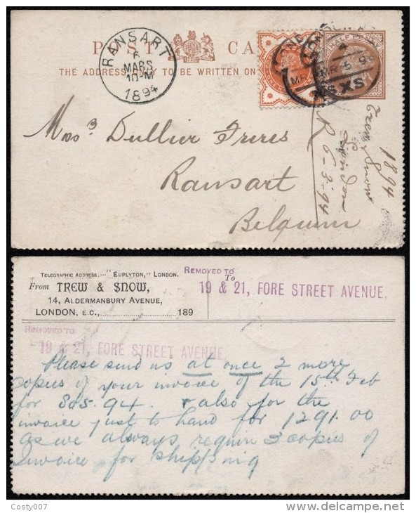 Great Britain 1894 Postal History Rare Postcard Uprated Stationery London To Ransart Belgium DB.197 - Cartas & Documentos