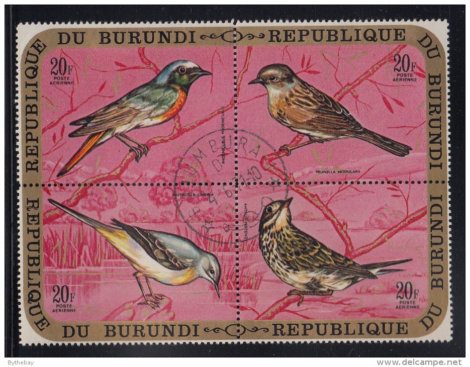 Burundi Used Scott #C135 Block Of 4 20fr Birds - European Redstart, Hedge Sparrow, Gray Wagtail, Meadow Pipit - Spatzen
