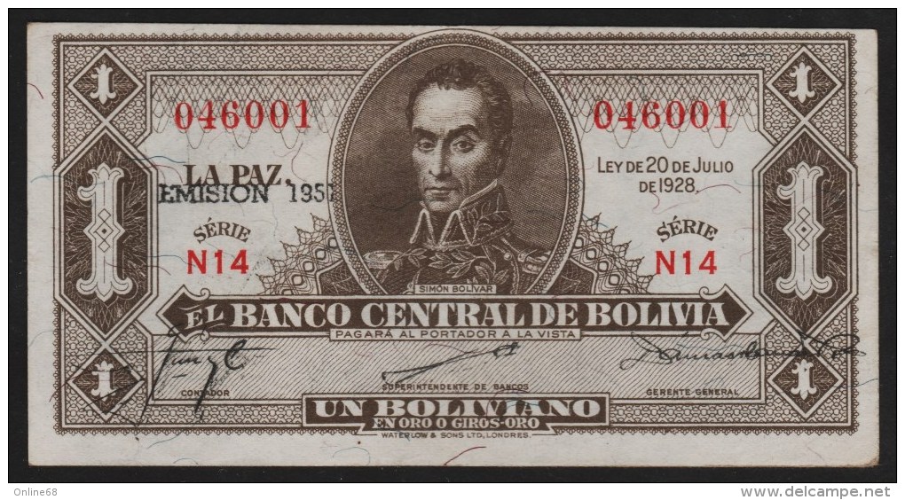 BOLIVIA 1 BOLIVIANO L. 20.07.1928 "EMISIÓN 1951"  SERIE N14  046001   P#128b  Waterlow, London - Bolivien