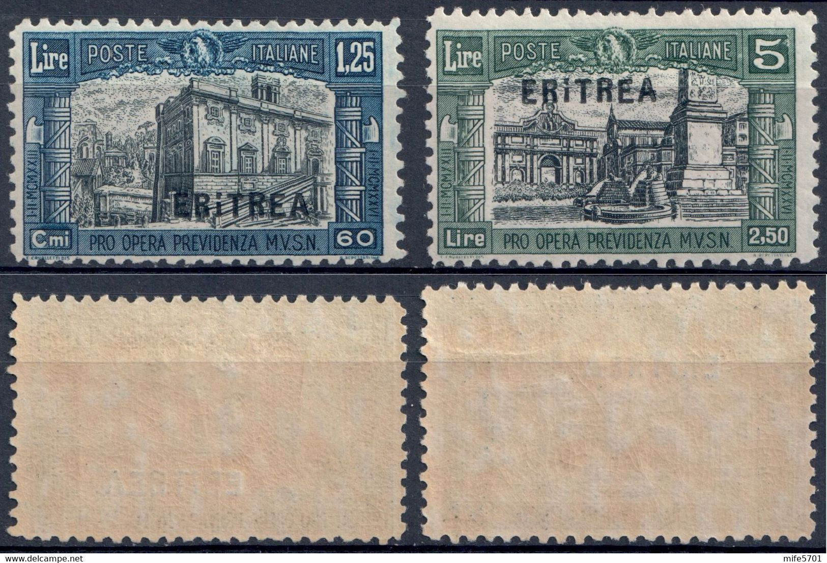 COLONIA ERITREA 1927 MILIZIA Iª - 2 FRANCOBOLLI DA L. 1,25 L. E L. 5 SOPRASTAMPATI CON "I" ROTTA SASSONE 118a  119a * MH - Eritrea
