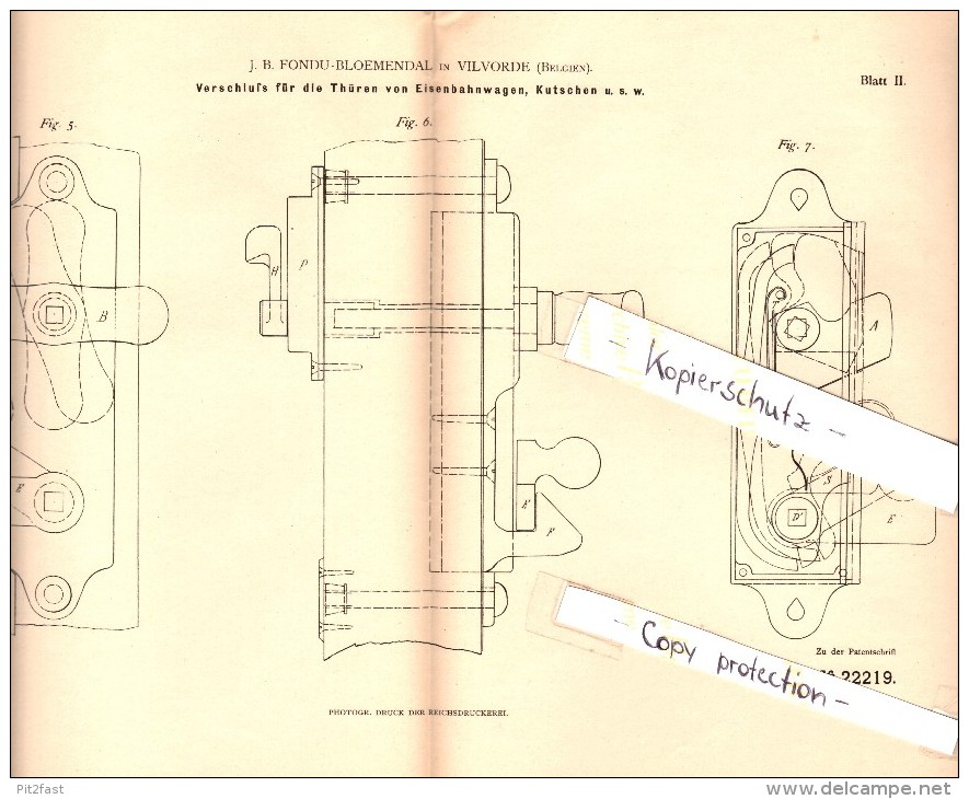 Original Patent - J.B. Fondu-Bloemendal In Vilvorde , 1882 ,Verschluss Für Türen Von Eisenbahn Und Kutschen , Vilvoorde - Vilvoorde