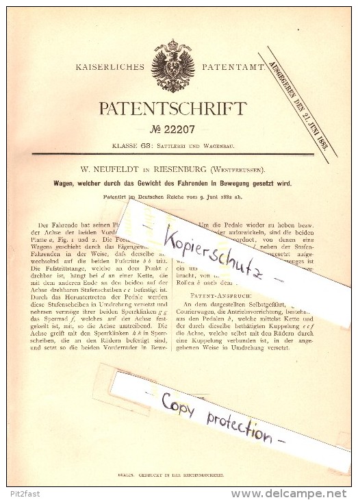 Original Patentschrift - W. Neufeldt In Riesenburg / Prabuty In Westpreussen , 1882 , Wagen Mit Gewichtsantrieb !!! - Westpreussen