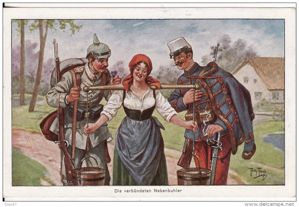 Carte Postale Fantaisie Dessin- Arthur THIELE Illustrateur-Die Verbündeten Nebenbuhler-Femme- Militaire Allemand-Stempel - Thiele, Arthur