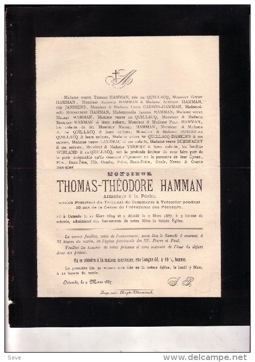 OSTENDE OOSTENDE Thomas-Théodore HAMMAN 1824-1887 Armateur De Pêche Caisse Prévoyance Pêcheurs Doodsbrief - Todesanzeige