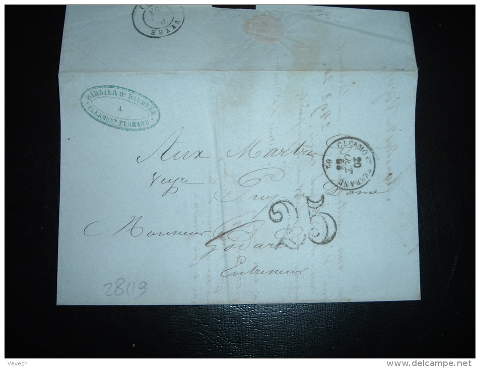 LETTRE (PLI) OBL. 20 OCT 53 CLERMONT FERRAND 62 (63 PUY DE DOME) + TAXE 25 + BARBIER &amp; DAUBREE FONDERIE DE FER + VEY - 1849-1876: Période Classique