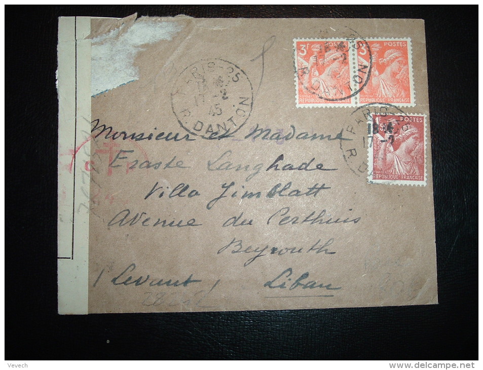 LETTRE POUR LE LIBAN TP IRIS 3F X2+ 1F50 OBL.17-2-45 PARIS-25+ CENSURE ROUGE CROIX DE LORRAINE + MECANIQUE ARRIVEE (RARE - 1939-44 Iris