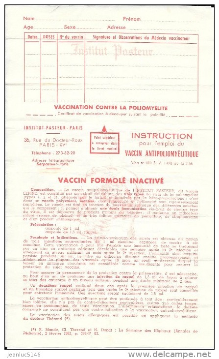 Document Médical Ancien. Notice Du Vaccin Contre La Poliomyélite, Institut Pasteur, Milieu Années 1960. - Ohne Zuordnung