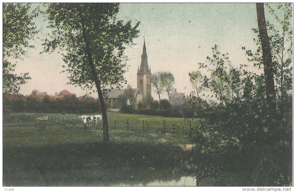 Quiévrain.   Sur Les Rives De La Henelle;   Prachtige Gekleurde Kaart;    1908  Naar  Quevaucamps - Quiévrain