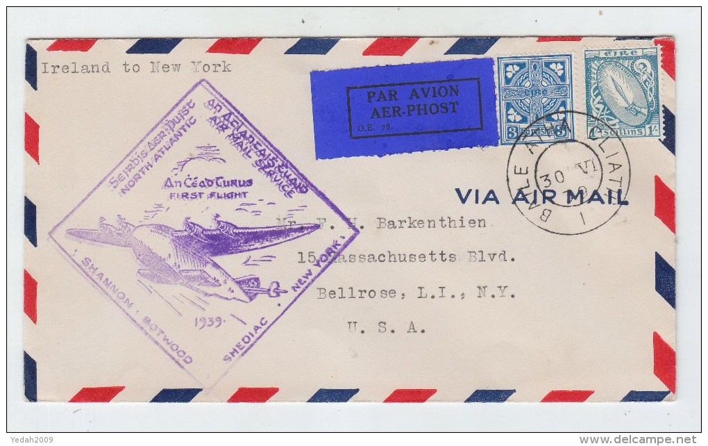Ireland/USA FIRST FLIGHT COVER SHANNON/NEW YORK 1939 - Airmail