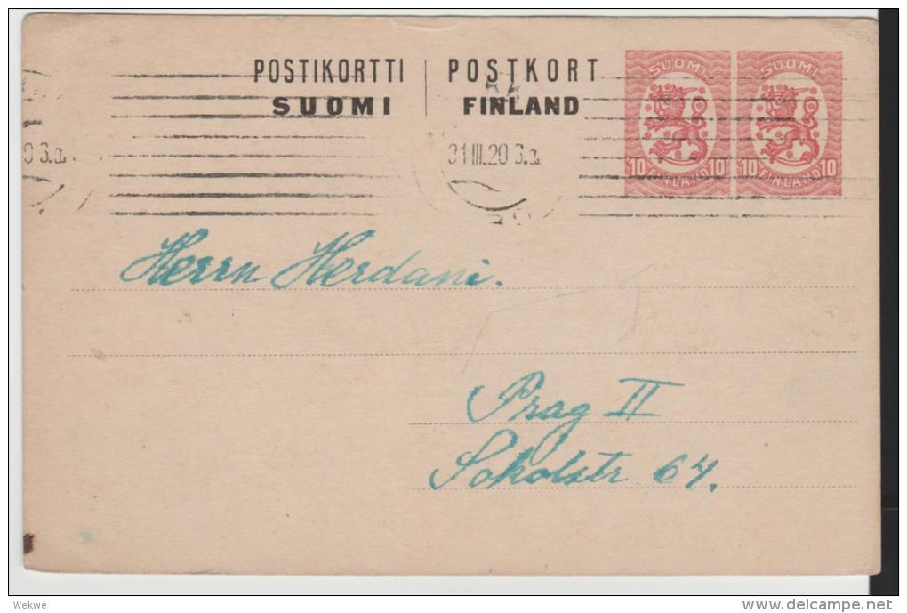 FS-R077/ FINNLAND -  Auslandsganzsache (2 X 10 P.) 1920 Nach Prag Gesandt. - Entiers Postaux