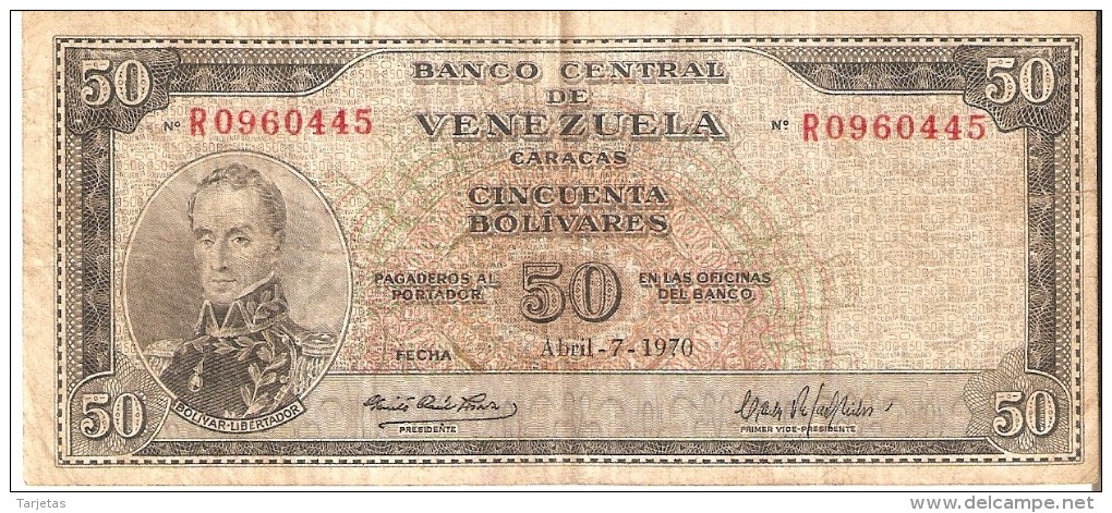 BILLETE DE VENEZUELA DE 50 BOLIVARES DEL AÑO 1970 (BANKNOTE) MUY RARO - Venezuela