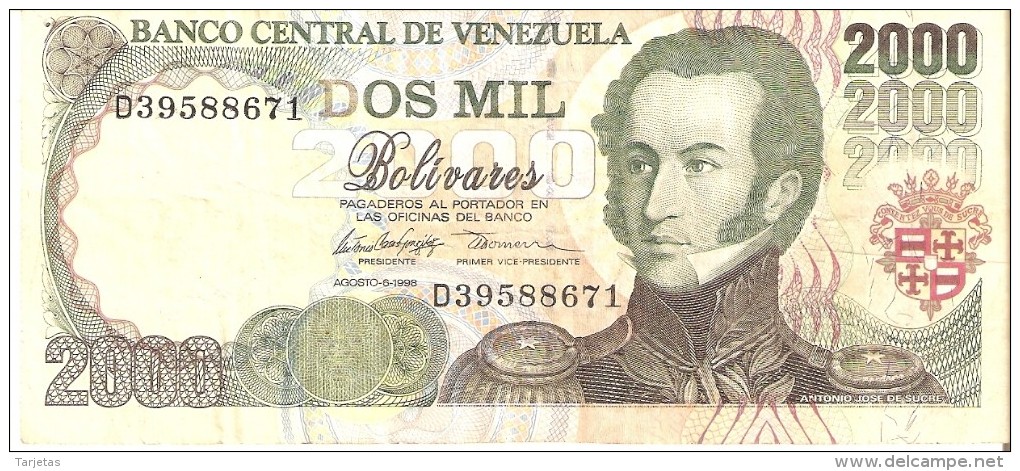 BILLETE DE VENEZUELA DE 2000 BOLIVARES DEL AÑO 1998 (BANKNOTE) - Venezuela