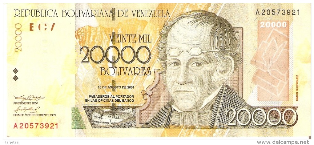 BILLETE DE VENEZUELA DE 20000 BOLIVARES DEL AÑO 2001 SERIE A - GUACAMAYO-LORO-PARROT (BANKNOTE) RARO - Venezuela