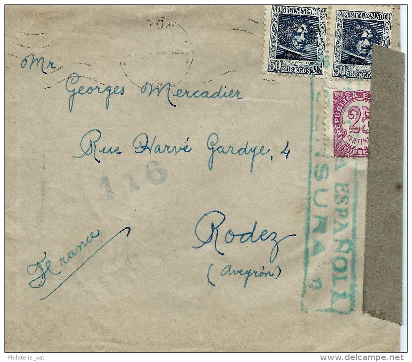 ESPAGNE LETTRE AVEC CENSURE RÉPUBLICA ESPANOLA POUR LA FRANCE . A Voir Pour étude (lot 1001) - Republicans Censor Marks