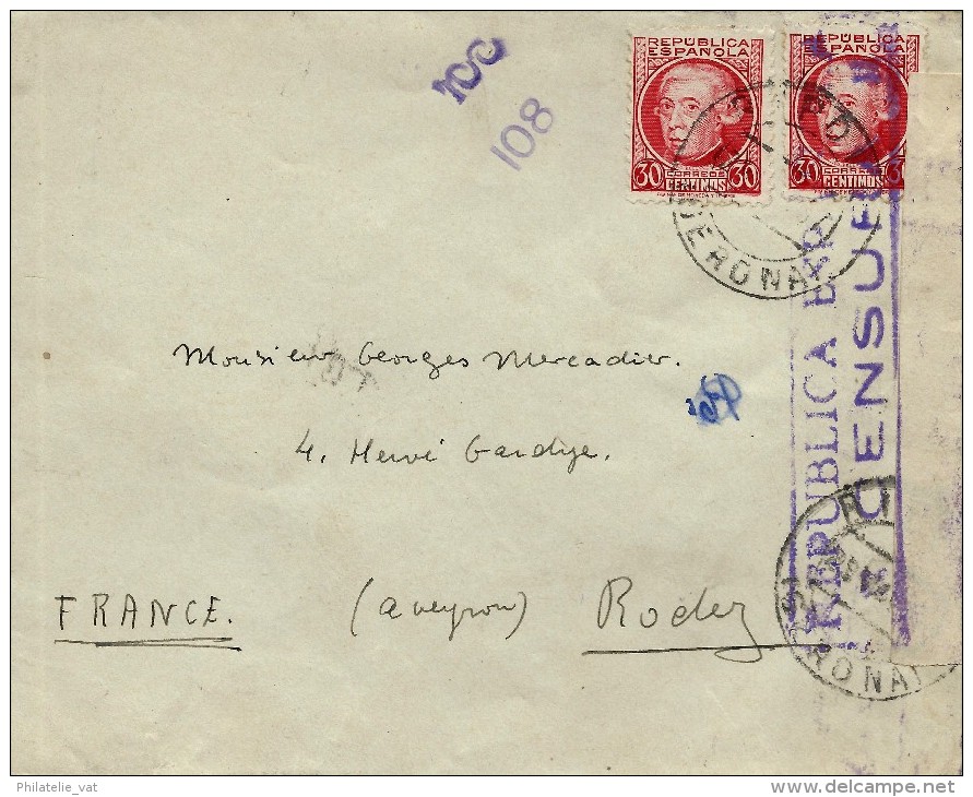 ESPAGNE LETTRE AVEC CENSURE RÉPUBLICA ESPANOLA POUR LA FRANCE . A Voir Pour étude (lot 1003) - Republikanische Zensur