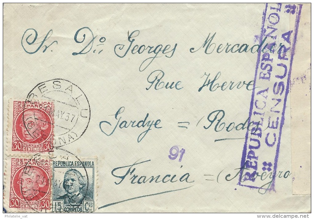 ESPAGNE LETTRE AVEC CENSURE RÉPUBLICA ESPANOLA POUR LA FRANCE 1937 . A Voir Pour étude (lot 1005) - Bolli Di Censura Repubblicana