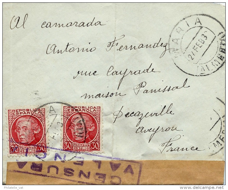 ESPAGNE LETTRE AVEC CENSURE VALENCIA POUR LA FRANCE . A Voir Pour étude (lot 1007) - Republicans Censor Marks