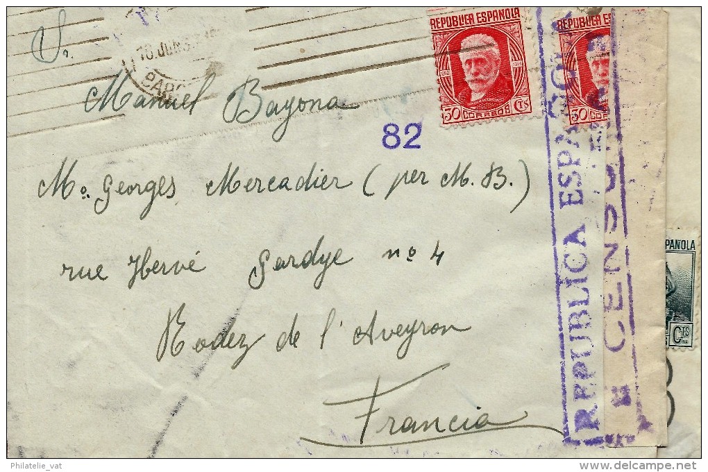 ESPAGNE LETTRE AVEC CENSURE REPUBLICA ESPANOLA POUR LA FRANCE 1937 . A Voir Pour étude (lot 1009) - Republicans Censor Marks