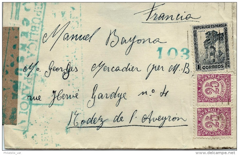 ESPAGNE LETTRE AVEC CENSURE RÉPUBLICA ESPANOLA POUR LA FRANCE . A Voir Pour étude (lot 1013) - Republikeinse Censuur