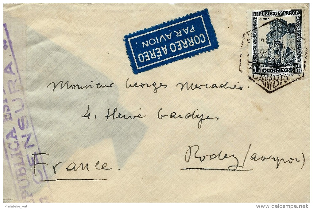 ESPAGNE LETTRE AVEC CENSURE RÉPUBLICA ESPANOLA POUR LA FRANCE - PAR AVION - A Voir Pour étude (lot 1014) - Republikeinse Censuur