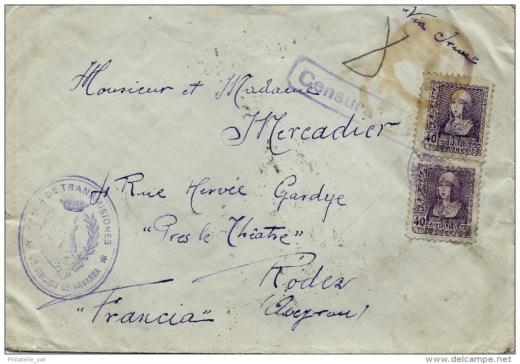 ESPAGNE LETTRE AVEC CENSURE NAVARRAOUR LA FRANCE . A Voir Pour étude (lot 1017) - Republicans Censor Marks