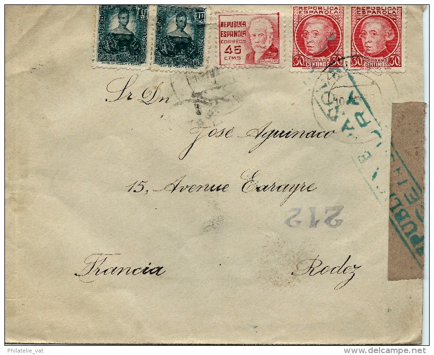 ESPAGNE LETTRE AVEC CENSURE RÉPUBLICA ESPANOLA POUR LA FRANCE 1938 . A Voir Pour étude (lot 1021) - Republikanische Zensur