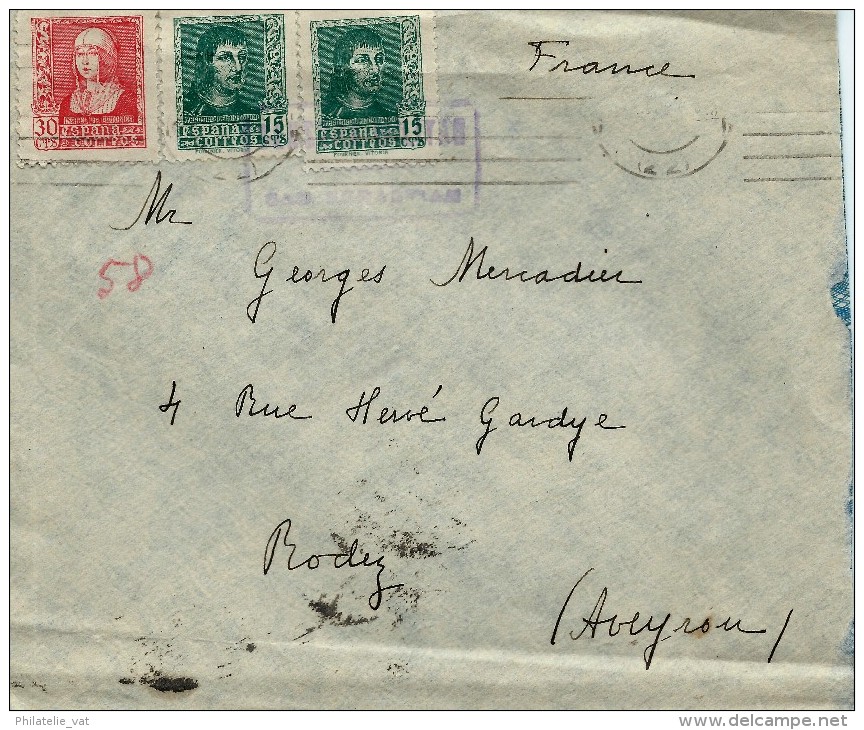 ESPAGNE LETTRE AVEC CENSURE SAN SÉBASTIEN POUR LA FRANCE  . A Voir Pour étude (lot 1022) - Republikeinse Censuur