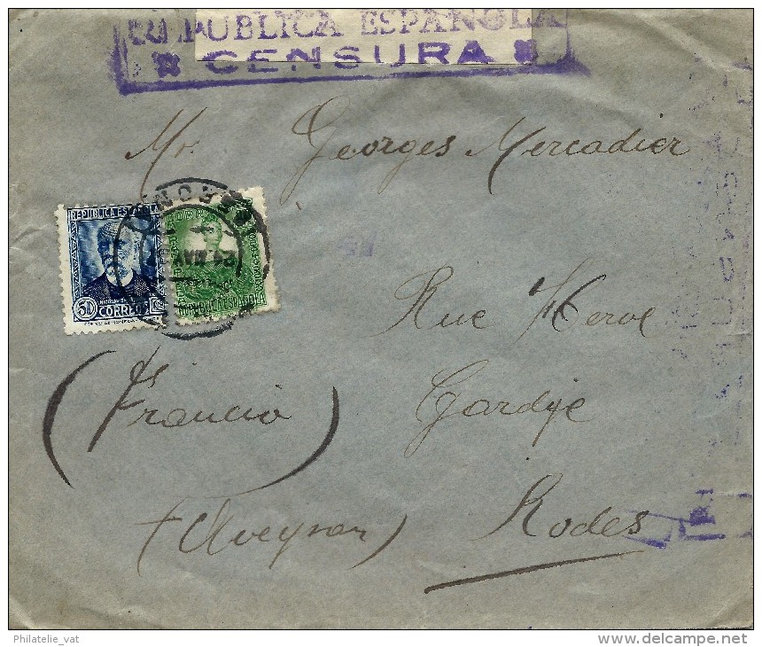 ESPAGNE LETTRE AVEC CENSURE RÉPUBLICA ESPANOLA POUR LA FRANCE 1937  . A Voir Pour étude (lot 1023) - Marcas De Censura Republicana