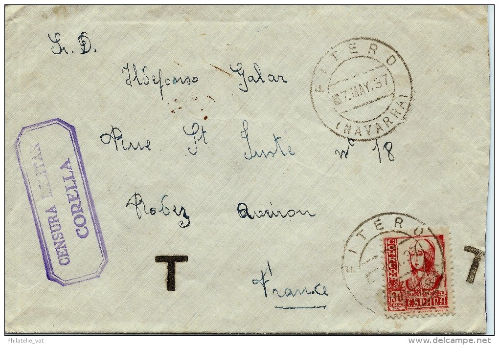 ESPAGNE LETTRE AVEC CENSURE CORELLA POUR LA FRANCE 1937  . A Voir Pour étude (lot 1029) - Republikeinse Censuur