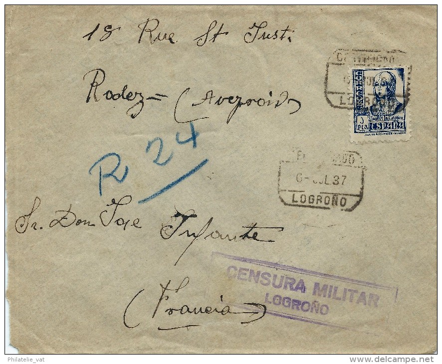 ESPAGNE LETTRE AVEC CENSURE LOGRONO POUR LA FRANCE 1937 . A Voir Pour étude (lot 1033) - Marcas De Censura Republicana