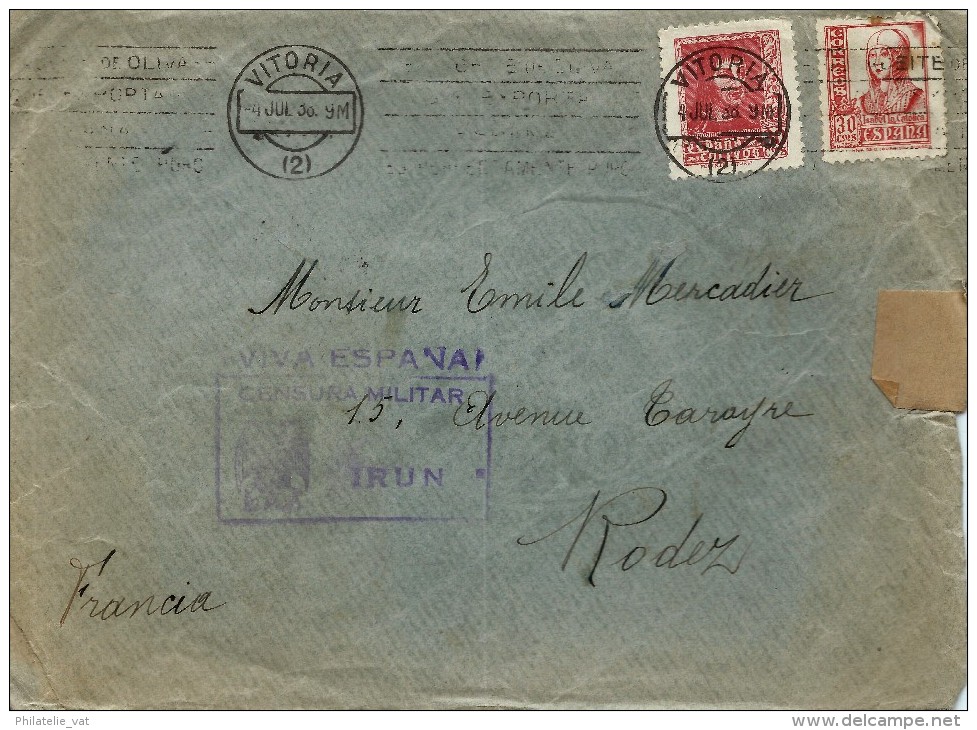 ESPAGNE LETTRE AVEC CENSURE MILITAIRE IRUN POUR LA FRANCE 1938 . A Voir Pour étude (lot 1038) - Republikeinse Censuur