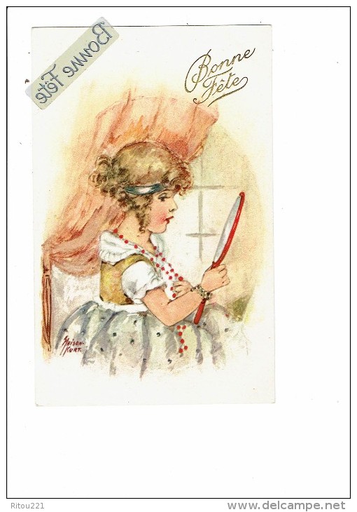 Illustrateur MAISON KURT - Bonne Fête - Fillette Maquillage Coiffure Miroir Bijoux Collier - Thème Coiffeur - Mallet, B.