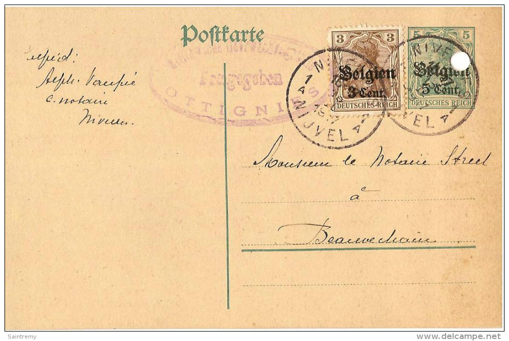 Nivelles 1917 Censure D´Ottignies - German Occupation