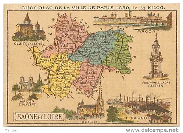 Chromo - Ref A91 - Chocolat De La Ville De Paris - Carte Geographique Du Departement De Saone Et Loire - Chromo Bon Etat - Autres & Non Classés