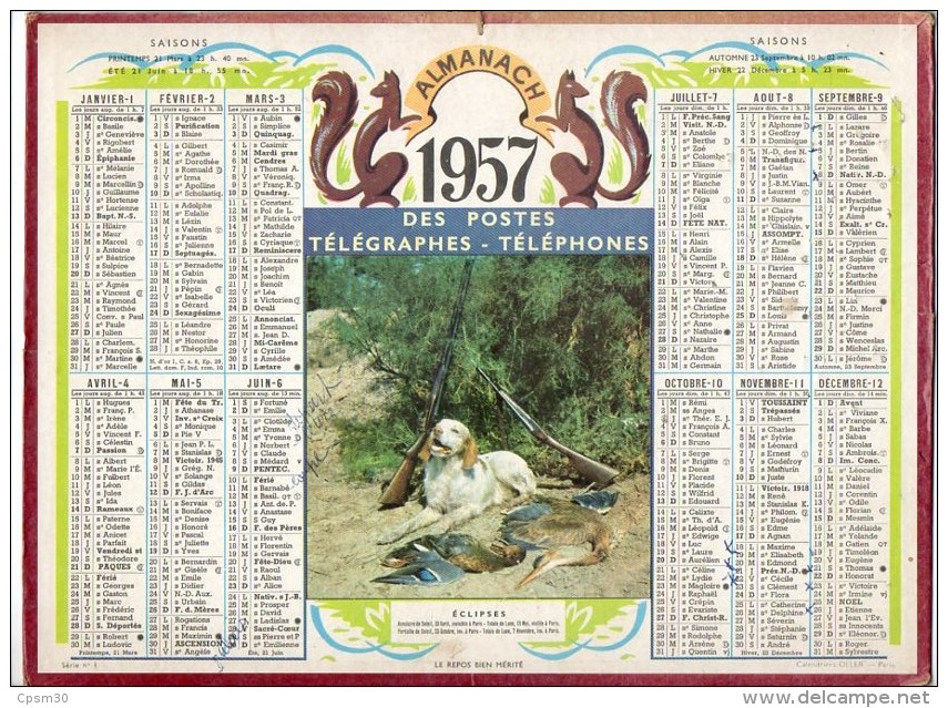 CALENDRIER GF 1957 - à La Fin De La Chasse Le Chien Attend ?? Sa Récompense ?? - Imprimerie Oller - Grand Format : 1941-60