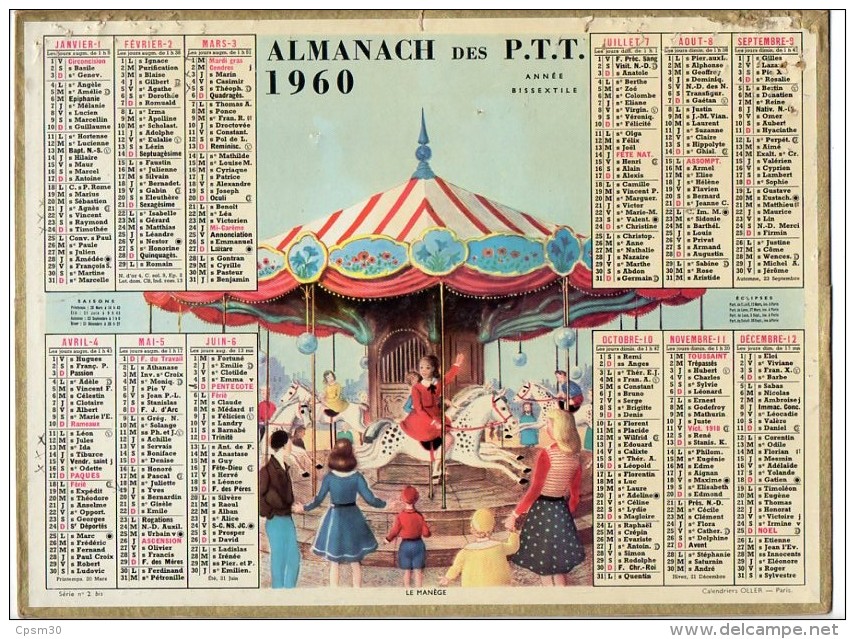 CALENDRIER GF 1960 - Le Manège (dessinateur Inconnu) - Imprimerie Oller - Grand Format : 1941-60