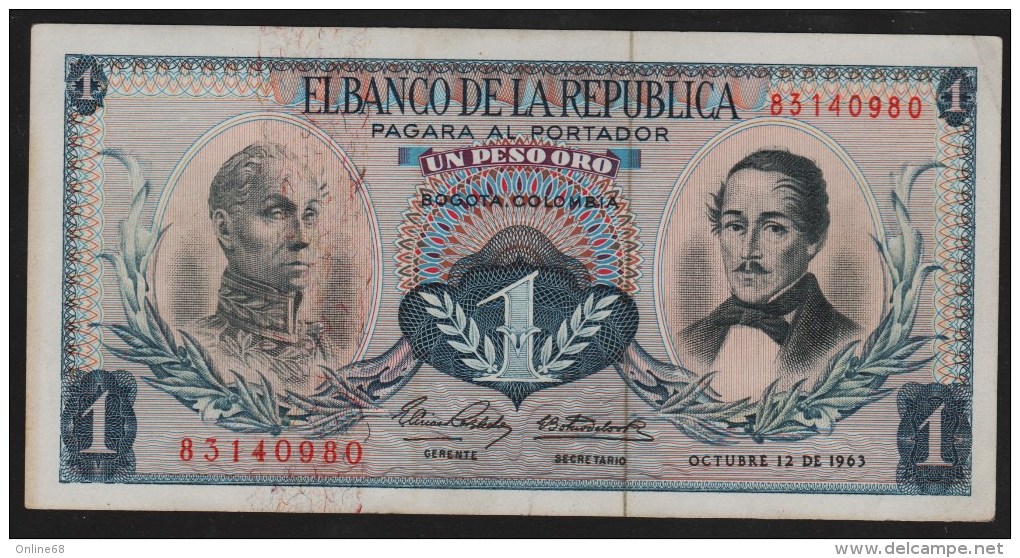 COLOMBIA 1 PESO ORO 12.10.1963  P#404b  SERIAL# 83140980    AU - Colombia
