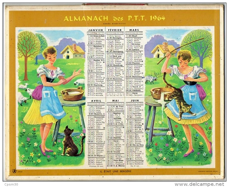 CALENDRIER GF 1964 - Chansonnettes "A La Claire Fontaine" Et "Il Pleut Bergère" - Imprimerie Oberthur - Grand Format : 1961-70