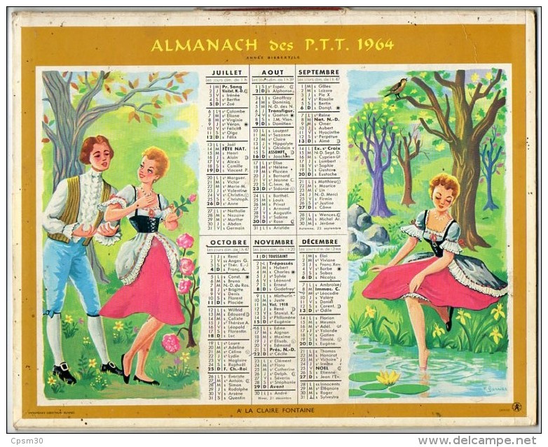 CALENDRIER GF 1964 - Chansonnettes "A La Claire Fontaine" Et "Il Pleut Bergère" - Imprimerie Oberthur - Grand Format : 1961-70