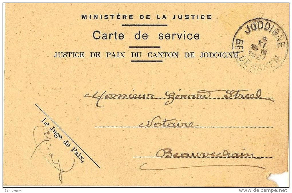Carte De Service Ministère De La Justice Jodoigne 1927 - Franchise