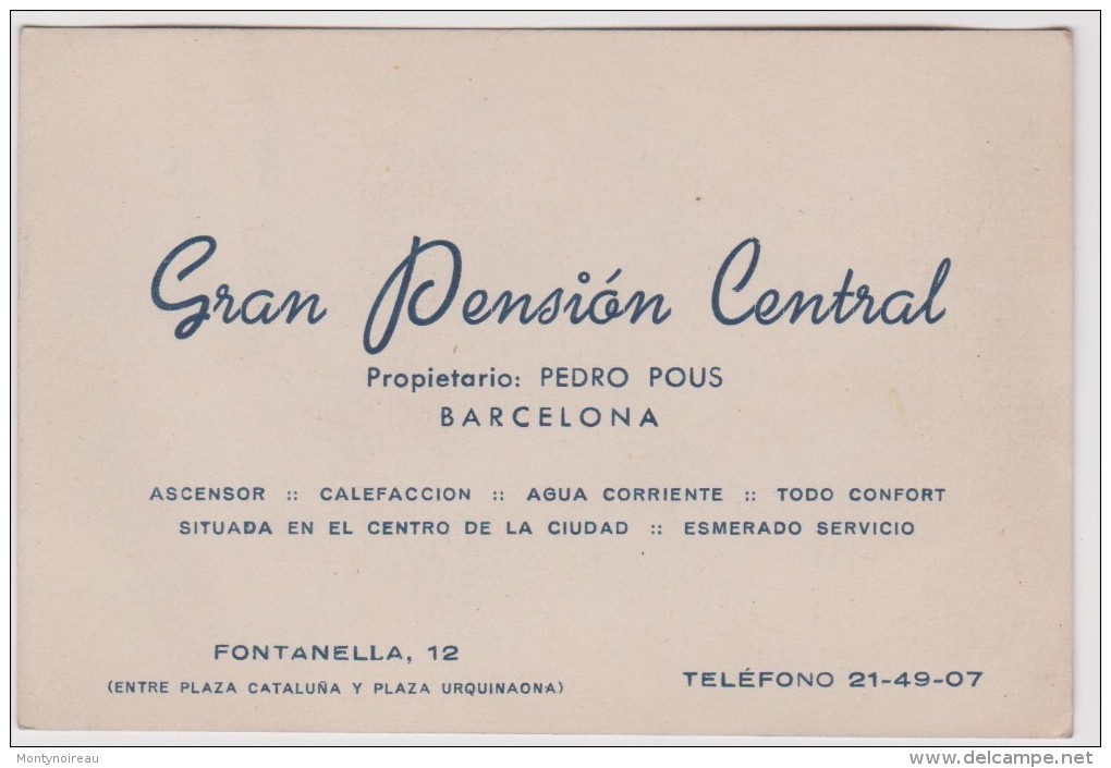 R :     Carte : Barcelona - Espagne :  Gran  Pension  Central  , Pedro  Pous - Visiting Cards