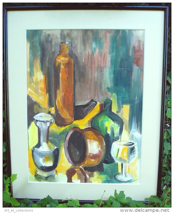 Belle Gouache "Nature Morte à La Bouteille", Signée - Tempere