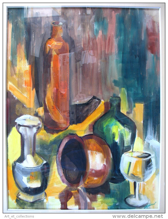 Belle Gouache "Nature Morte à La Bouteille", Signée - Gouaches