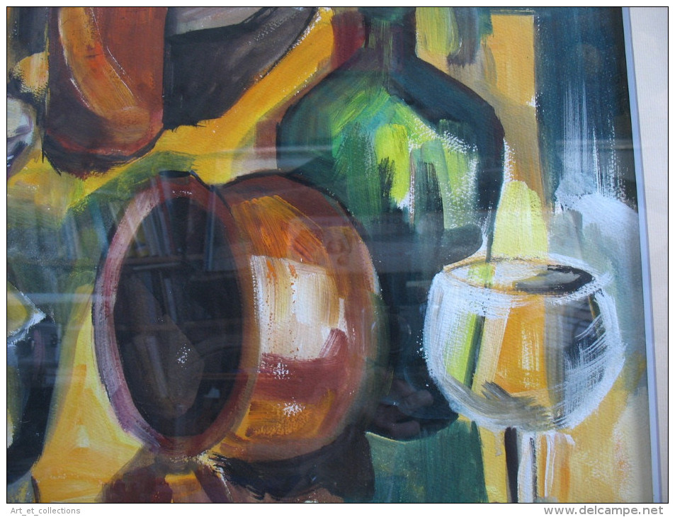 Belle Gouache "Nature Morte à La Bouteille", Signée - Tempere