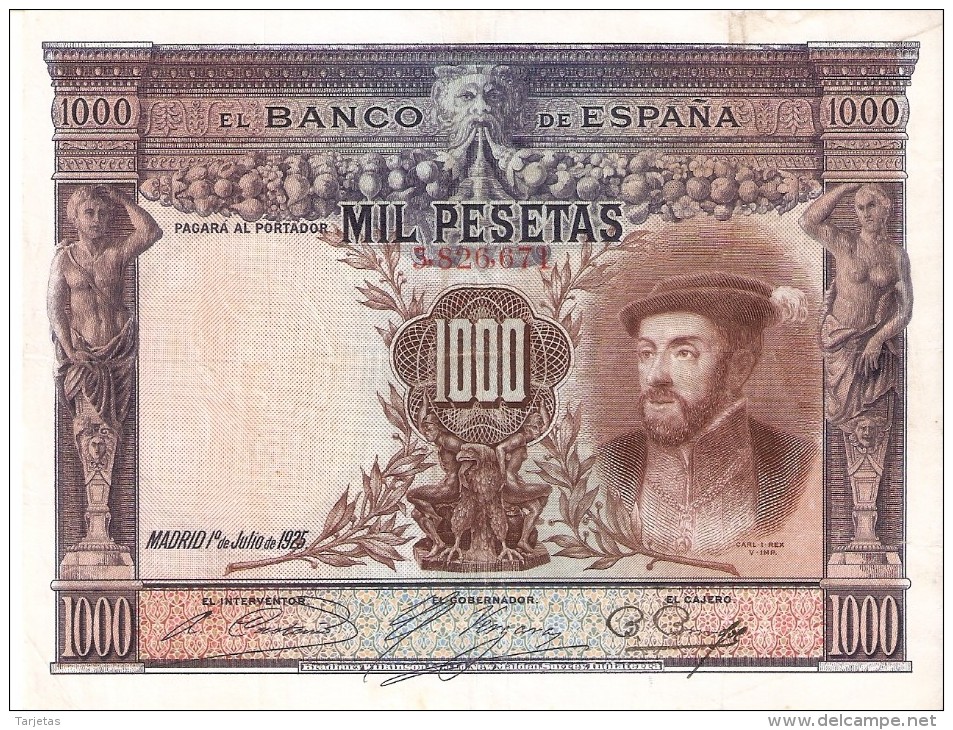 BILLETE DE ESPAÑA DE 1000 PTAS DEL AÑO 1925 DE CARLOS I CALIDAD BC+  SIN SERIE (BANKNOTE) - 1000 Pesetas