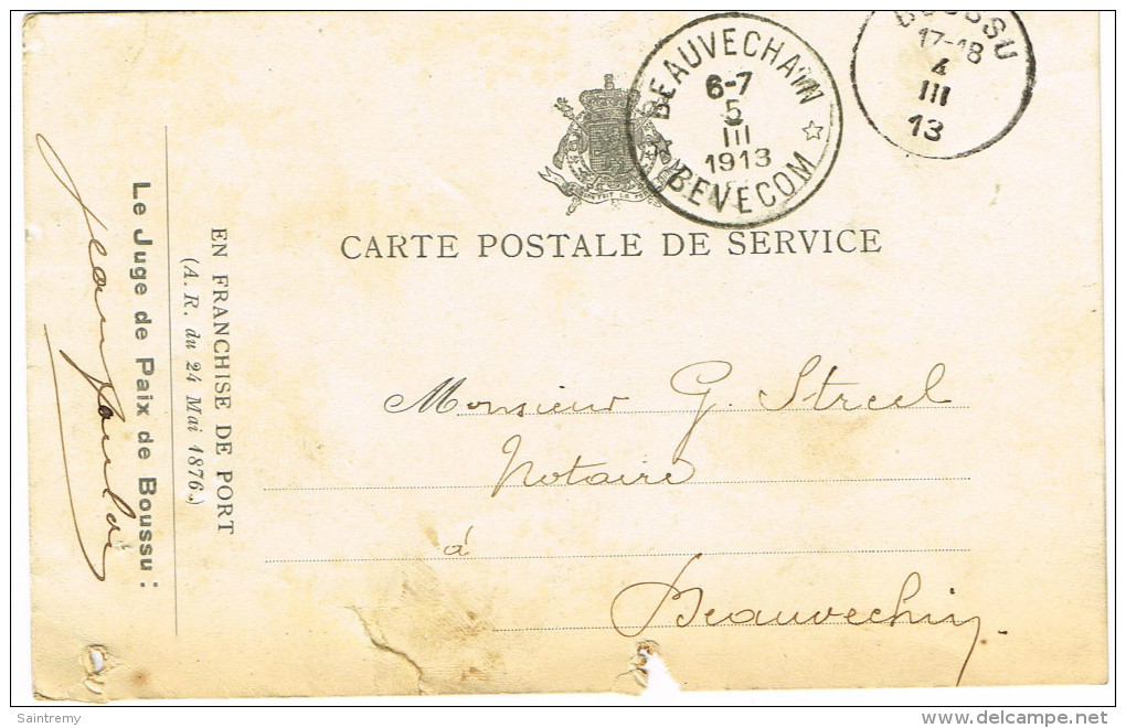 Carte De Service : Boussu 1913 Vers Beauvechain - Franchise
