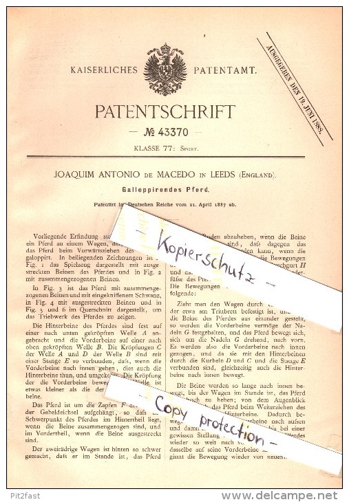 Original Patent - Joaquim Antonio De Macedo In Leeds , England , 1887 , Galloping Horse !!! - Chevaux