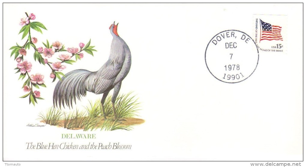 Birds And Flowers Of US States  - Delaware  -  Blue Hen Chicken  -   Peach Blossom  -  Fleetwood FDC - Paons